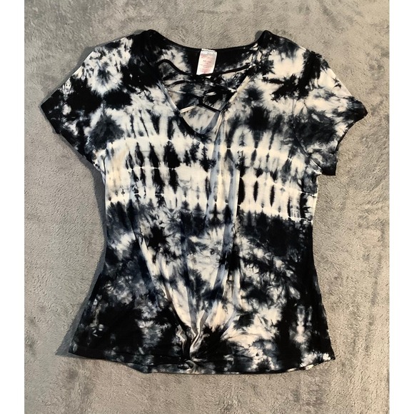 No Boundaries Other - No Boundaries Girls XXL Black White Tie Dye Top Strappy V-Neck Knot Front Tee